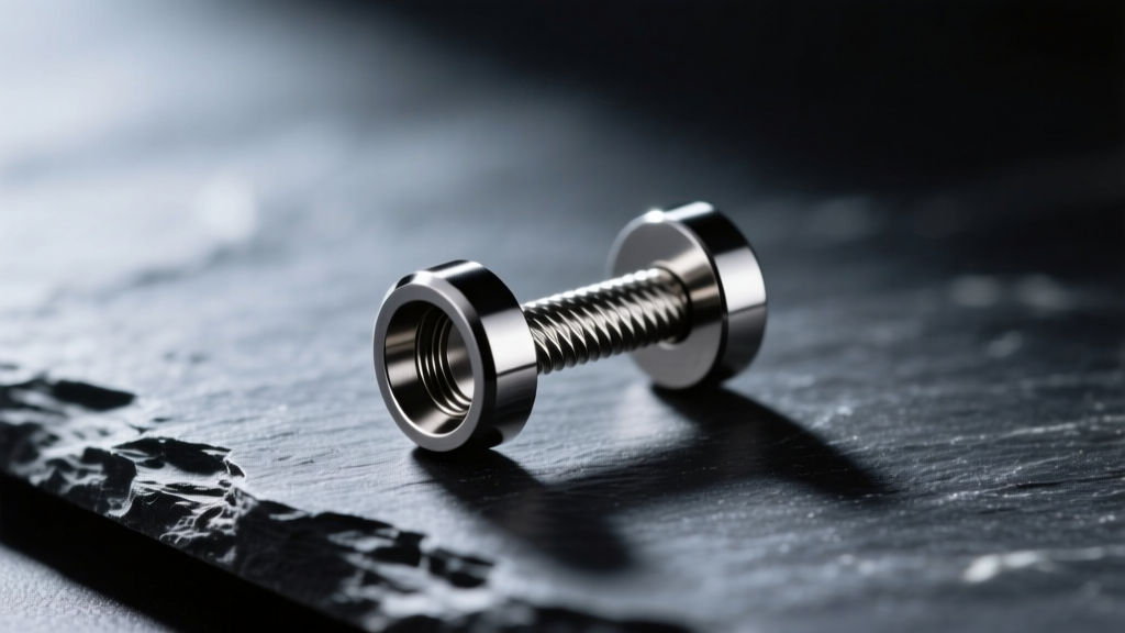 Macro shot of a titanium labret stud on dark slate, dramatic side lighting highlighting threaded post and polished metal surface