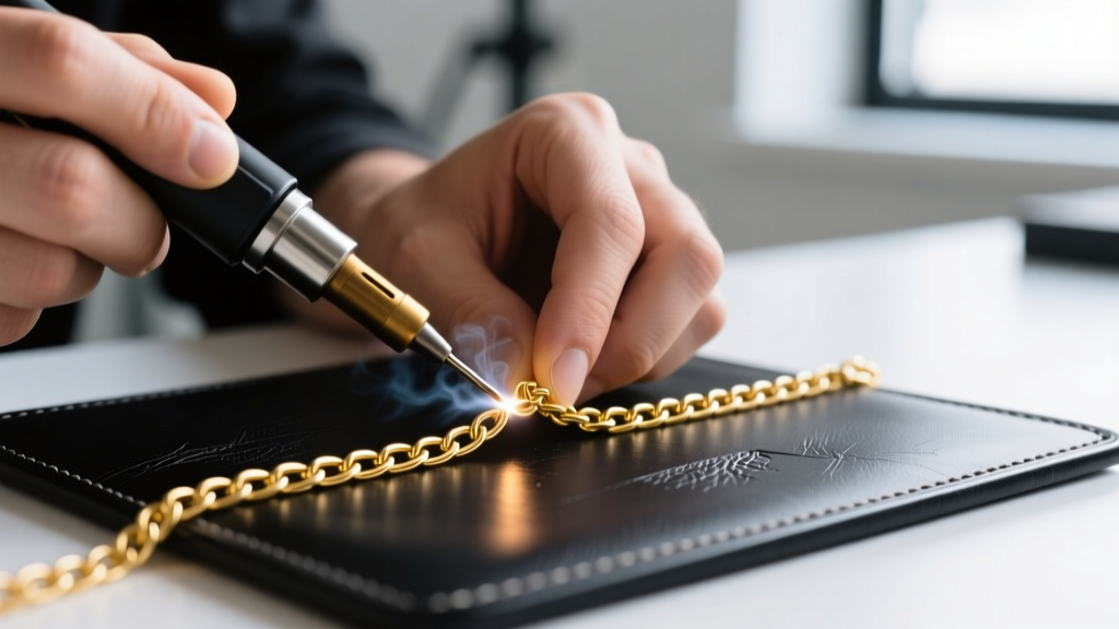 Close-up of hands using a micro-welder pen to fuse a delicate 14k gold cable chain on a dark leather welding pad in a bright room