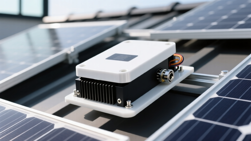 Microinverter on a solar roof showing a white thermally conductive ceramic pad bridging the heat sink and the electrical housing