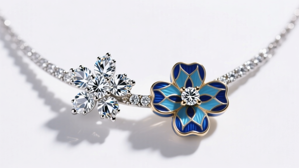 Macro shot of a micro-pave diamond dainty flower necklace and a blue guilloche enamel floral pendant under bright studio lighting.