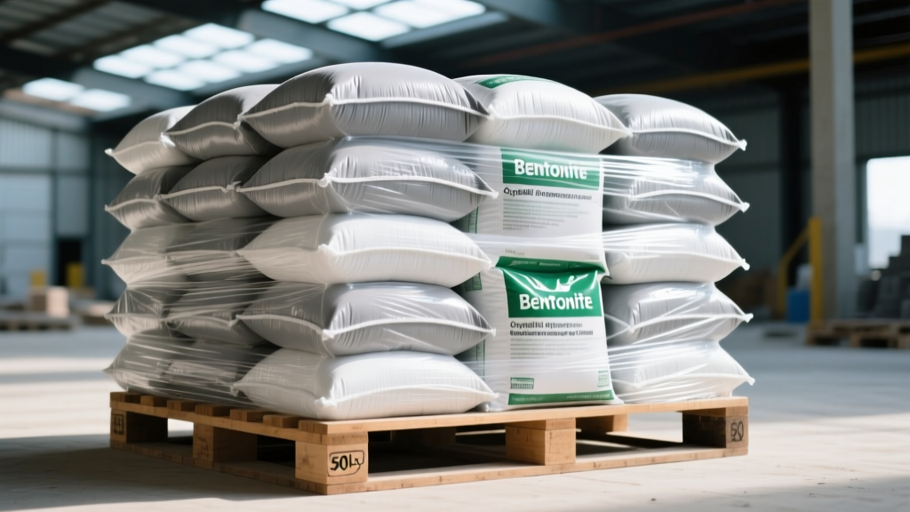 Stacked 50lb bags of bentonite clay and crystalline waterproofing powder on a pallet wrapped in heavy-duty PE shrink wrap at a commercial site.