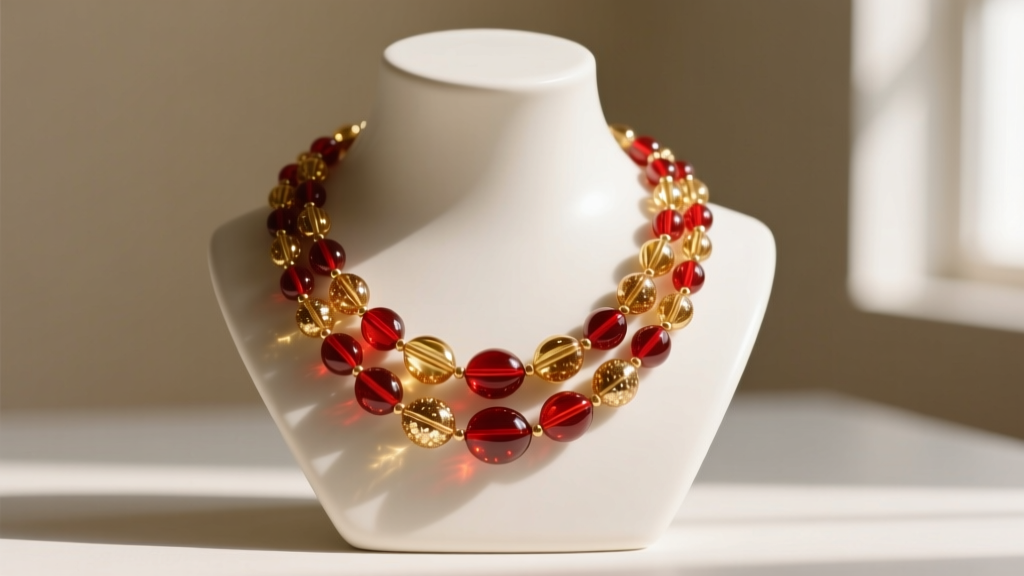 Vintage Murano necklace on a ceramic bust, showing red and gold aventurine glass beads illuminated by soft natural window light