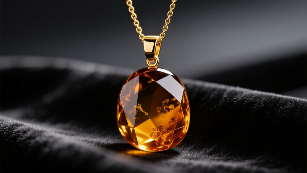 Close-up of a polished cognac Baltic amber pendant on a 14k gold chain, resting on dark velvet with warm directional lighting.