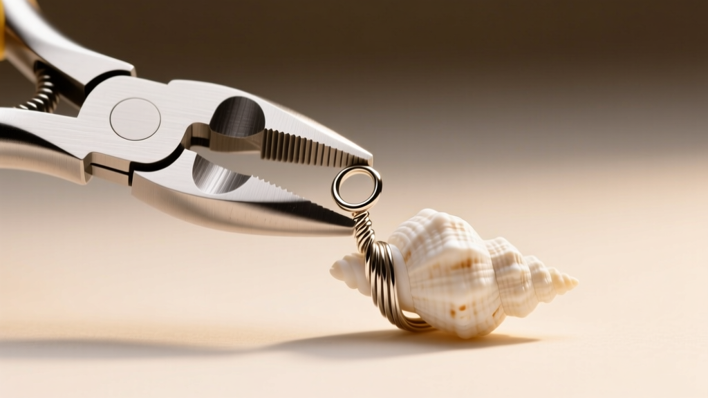 Pliers bending a 20-gauge titanium ear wire to attach to a delicate white puka shell under bright, focused jewelry bench lights.