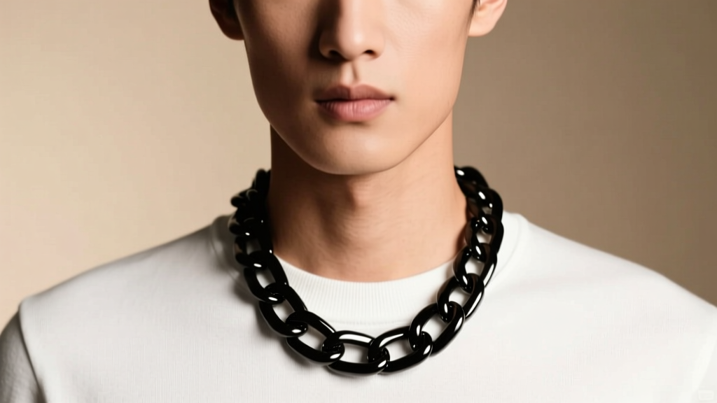 Close-up of a model wearing a 15mm matte black PVD steel chunky chain necklace over a white crewneck shirt in soft light