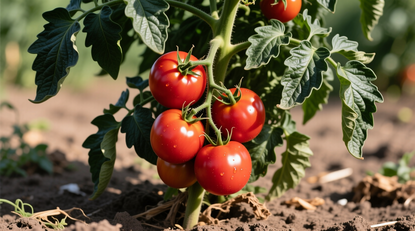 Amish Paste tomato plant with ripe fruit on determinate bush