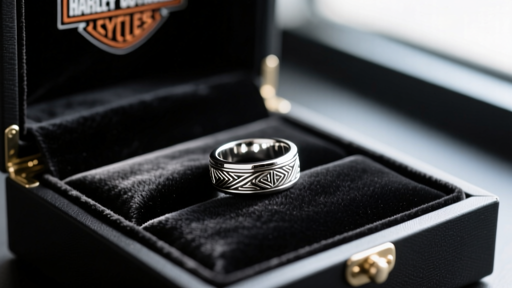 Interior of a Harley Davidson jewelry box with black synthetic velvet lining holding a silver ring to highlight fabric texture