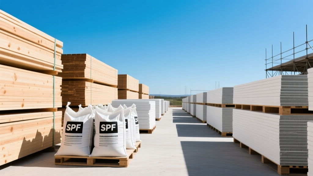Construction staging area featuring stacked SPF lumber, pallets of fiber cement siding, and Portland cement bags under a clear sky