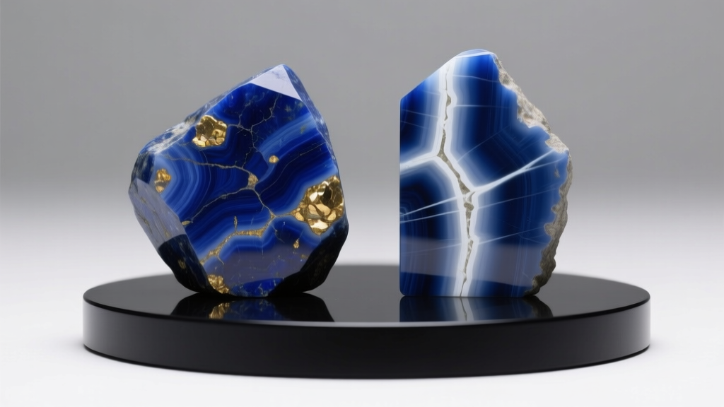 Comparison of natural lapis and dyed fake studs under bright light, highlighting unnatural white veins in the treated stone.