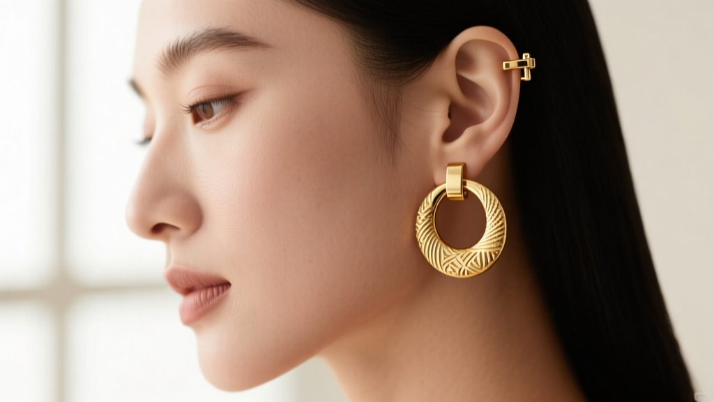 Close-up profile of a woman wearing 14k gold textured huggie earrings, showcasing the secure leverback clasp against her earlobe