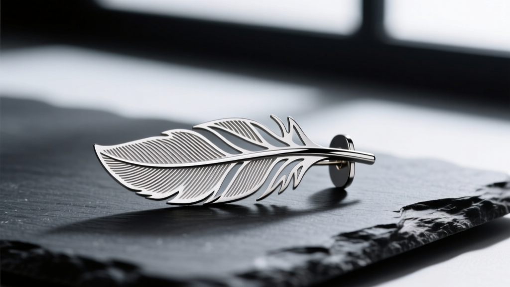 High-contrast side profile of a laser-cut Grade 23 titanium feather earring with intricate vein detailing, resting on dark slate.