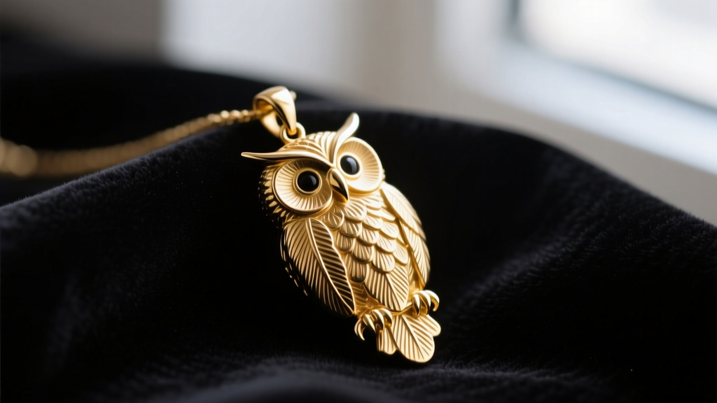 Close-up of a heavy gold-plated Octobers Very Own owl pendant resting on dark velvet, highlighting intricate feather detailing.