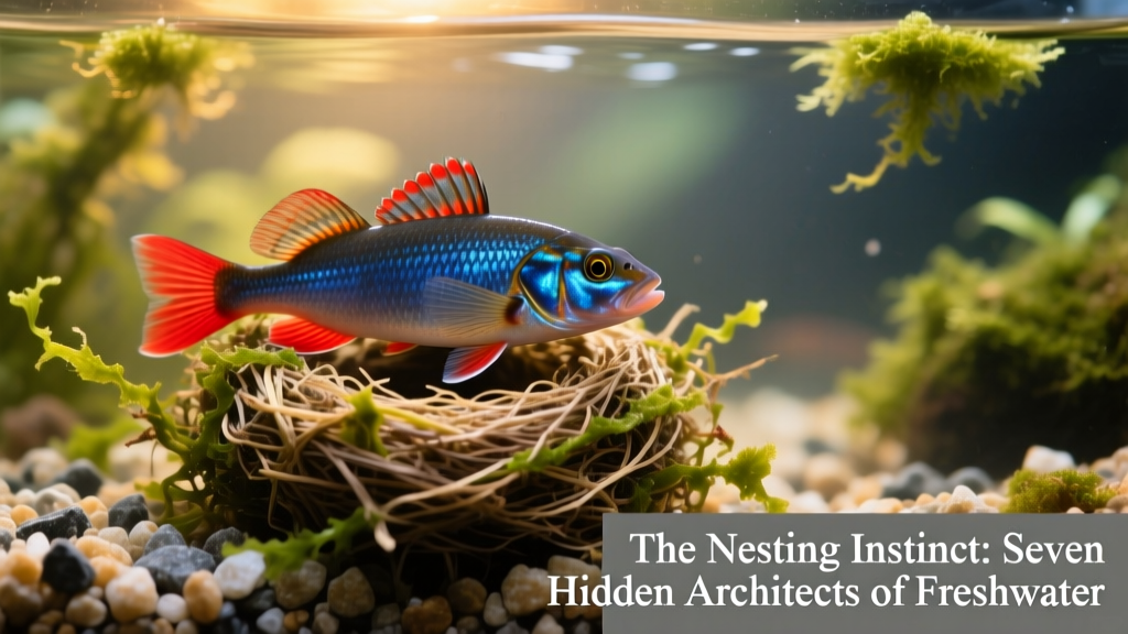 Stickleback male guarding a compact, plant-based nest attached to aquarium substrate