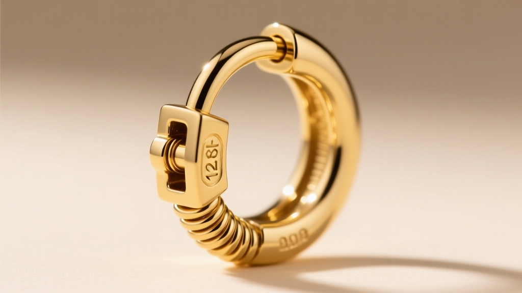 Macro shot of a 12-gauge 18k gold huggie clicker clasp, highlighting the secure hinge and latch closure mechanism details.