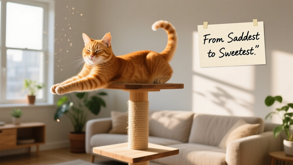 The same ginger cat stretching comfortably on a tall cat tree in a sunlit living room, ears perked and tail relaxed