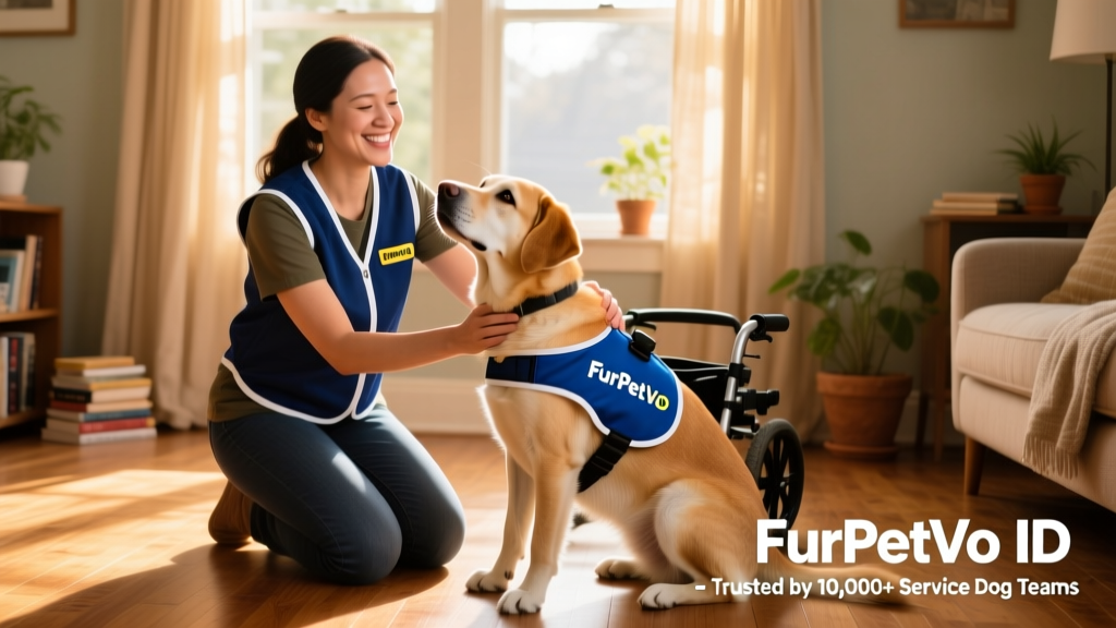 A smiling adult handler kneeling beside their mobility assistance dog, both wearing matching FurPetVo ID vests, in a sunlit home setting