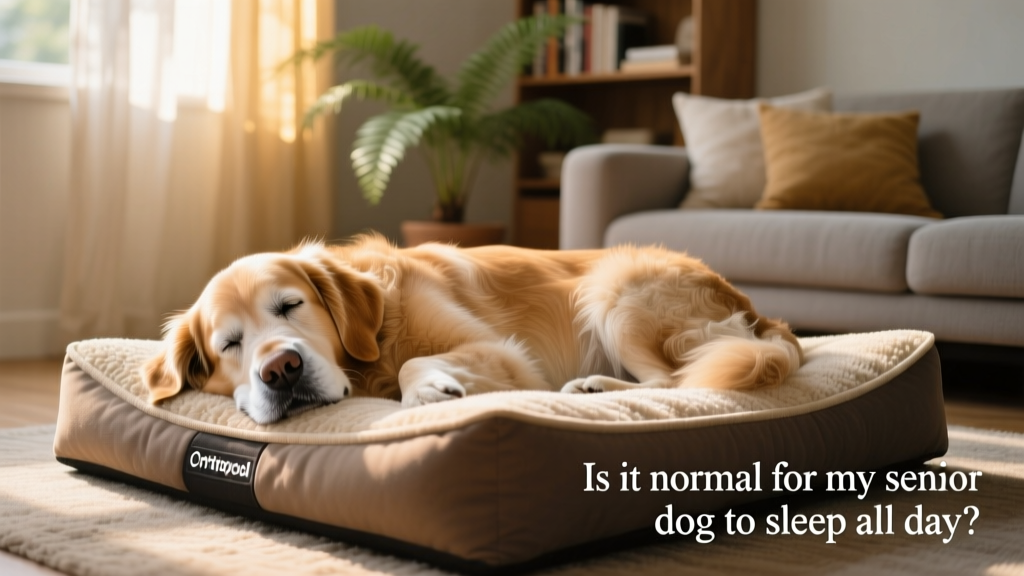 Senior golden retriever peacefully sleeping on a soft orthopedic dog bed in a sunlit, quiet corner of a living room