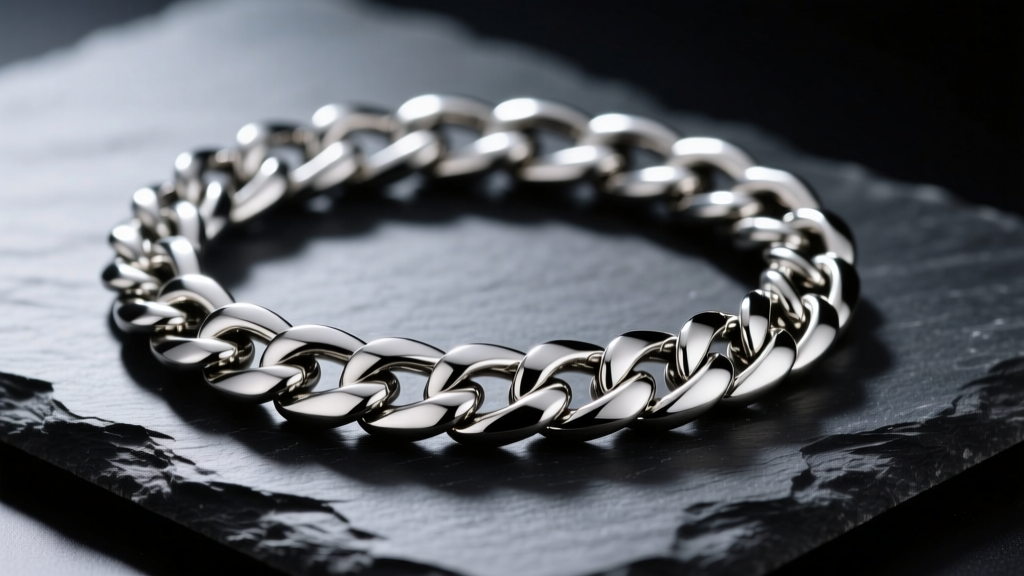 Close-up of a polished PVD-coated stainless steel Cuban link chain resting on dark slate, reflecting bright studio lighting