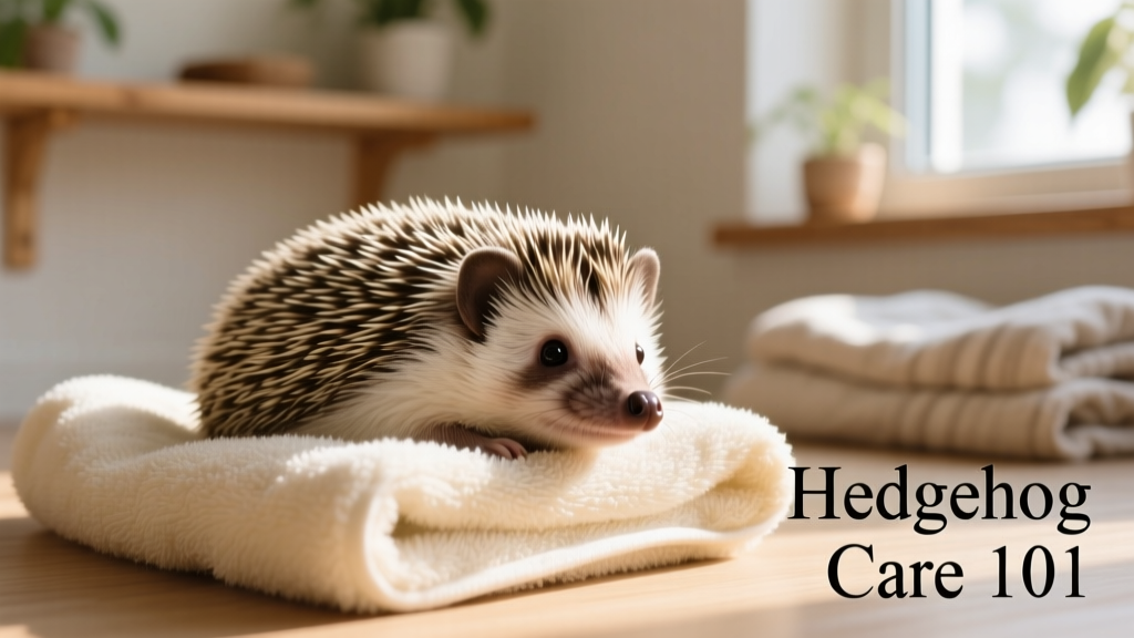 A calm, relaxed hedgehog resting on a soft towel, quills lying flat