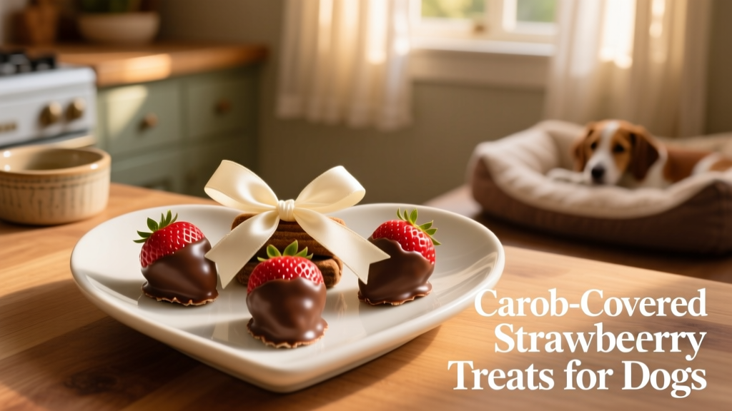 Finished carob-covered strawberry treats arranged on a heart-shaped serving plate with a ribbon