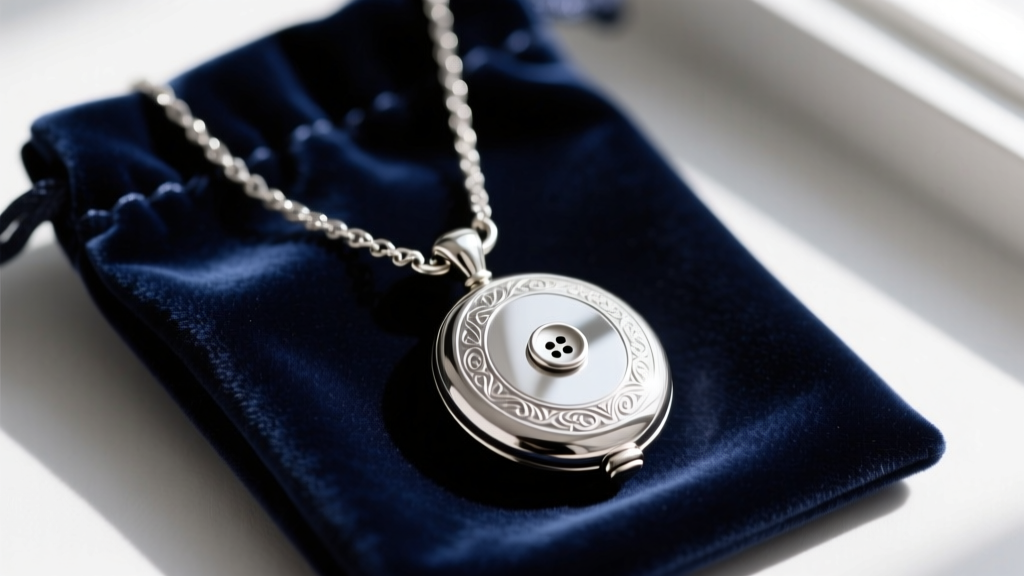 Close-up of a sterling silver locket necklace secured to a two-hole button with the clasp fastened, placed inside a velvet pouch