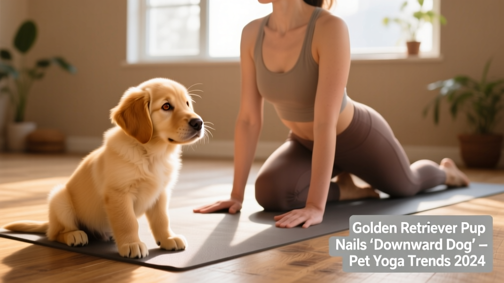 Close-up of a Golden Retriever puppy making gentle eye contact with a participant during a seated yoga pose
