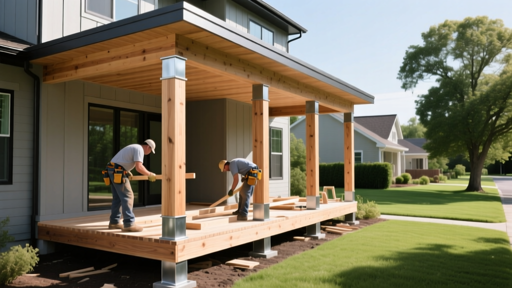 Carpenters framing a covered wraparound porch with pressure-treated lumber and steel post bases on a modern suburban home exterior