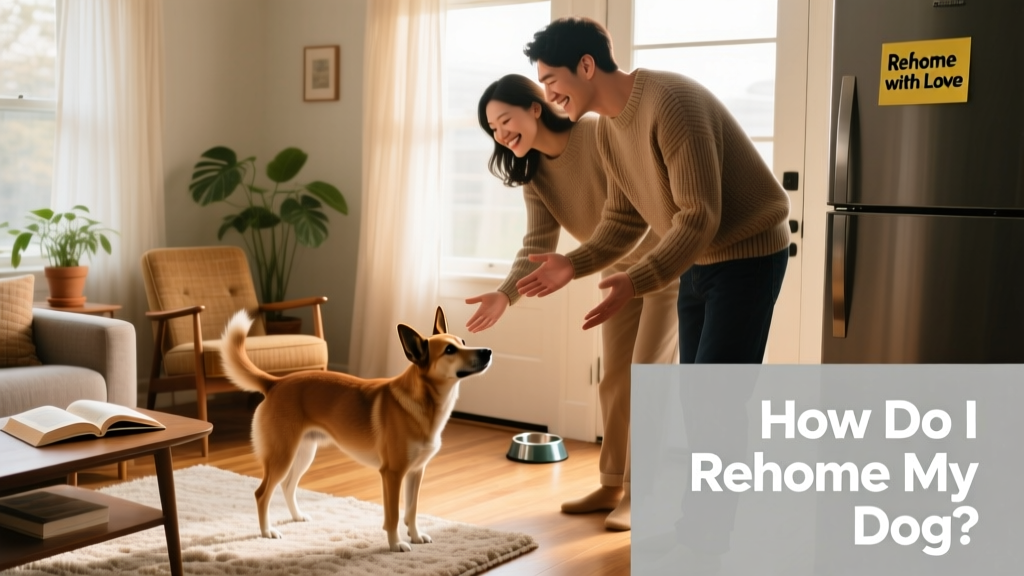 Two people smiling as they gently introduce a friendly dog to a cozy living room setting