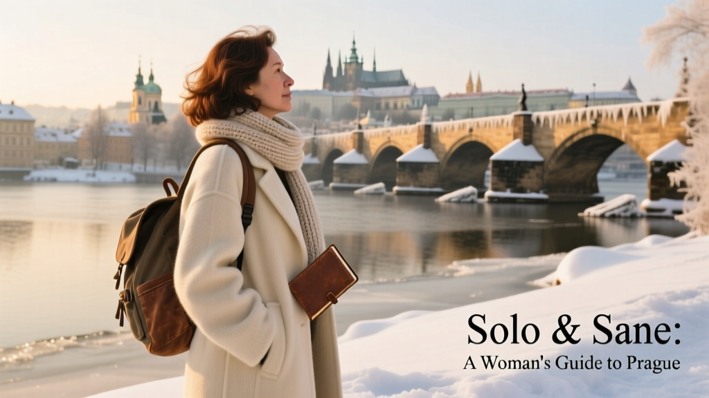 A solo female traveler wrapped in a warm coat, gazing across the snow-dusted Vltava River toward Charles Bridge and Prague Castle in winter
