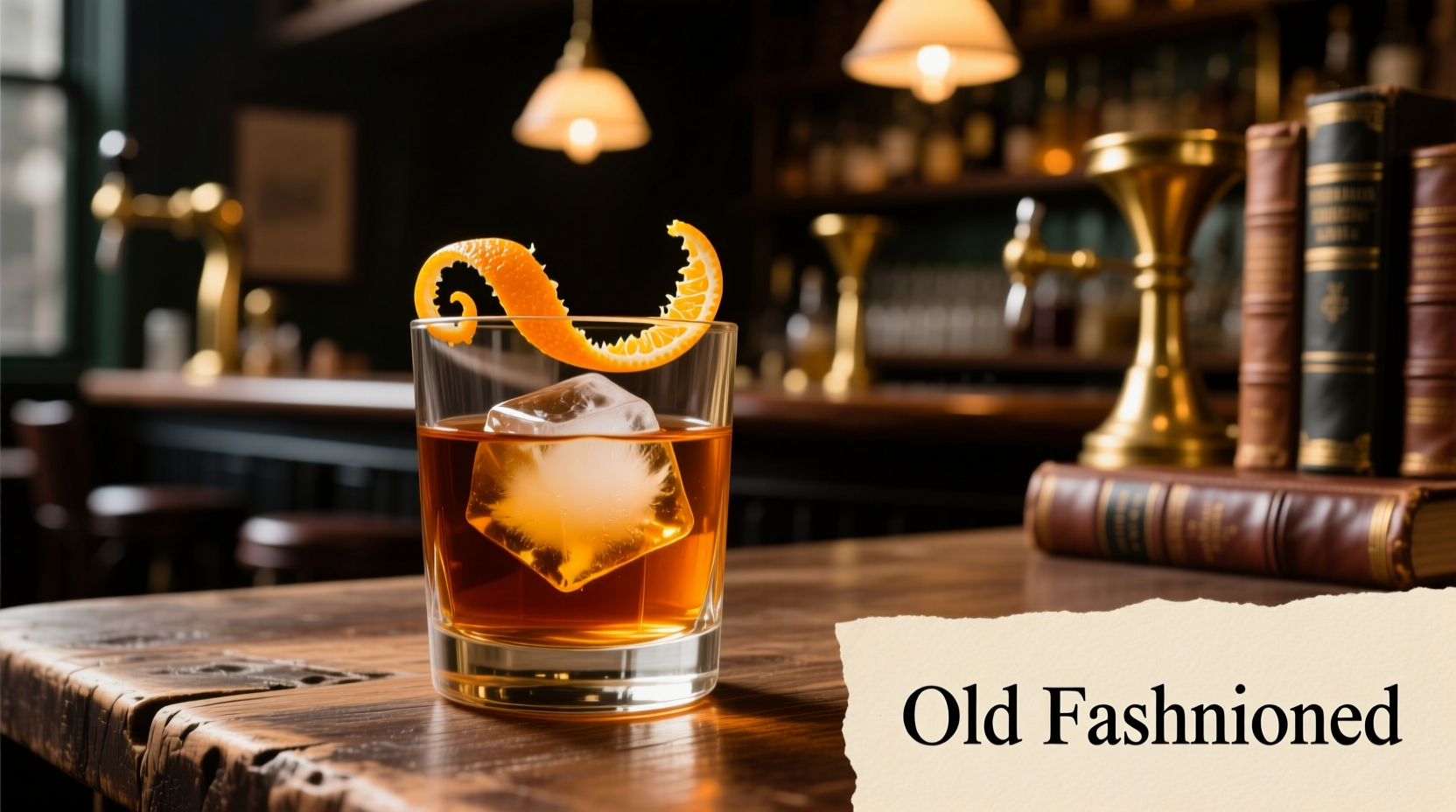 Classic Old Fashioned cocktail in a rocks glass with orange twist