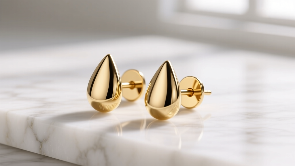 Macro shot of 14k gold teardrop stud earrings on white marble, soft light highlighting polished curves and secure flat post backs.