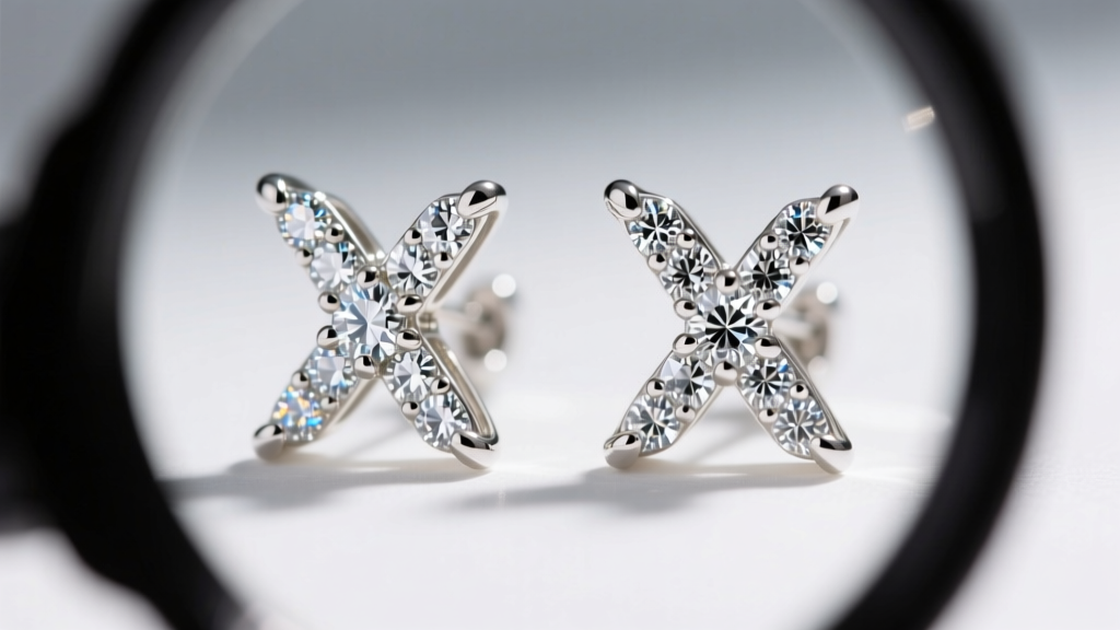 Detailed view of diamond pave XO earrings under a loupe, showing SI1 clarity melee diamonds set in 18k white gold prongs.