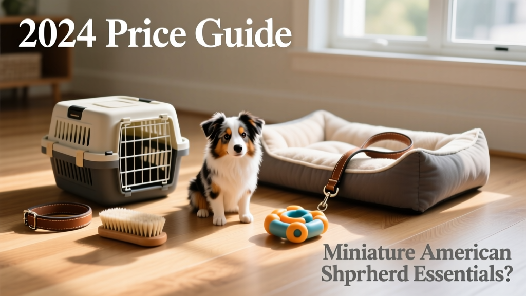 Organized setup of Miniature American Shepherd essentials: crate, bed, leash, brush, and interactive toy on a clean hardwood floor