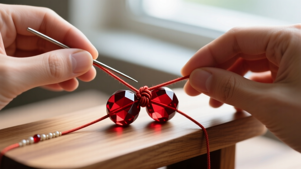 Hands using a beading awl to tie a tight silk knot between two large faceted cherry-red copal beads on a wooden jewelry bench.