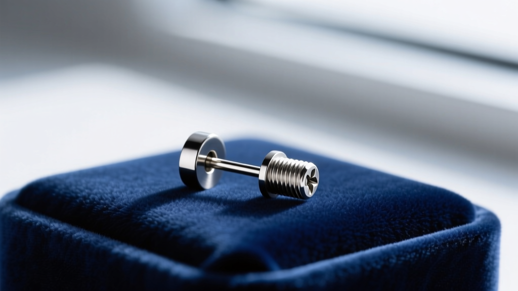 A macro shot of an 18-gauge ASTM F136 titanium long post earring with a secure screw-on threaded bead end on a soft velvet pad.