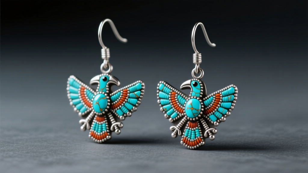 Authentic Zuni needlepoint thunderbird earrings in sterling silver with vibrant Sleeping Beauty turquoise stones on dark slate.