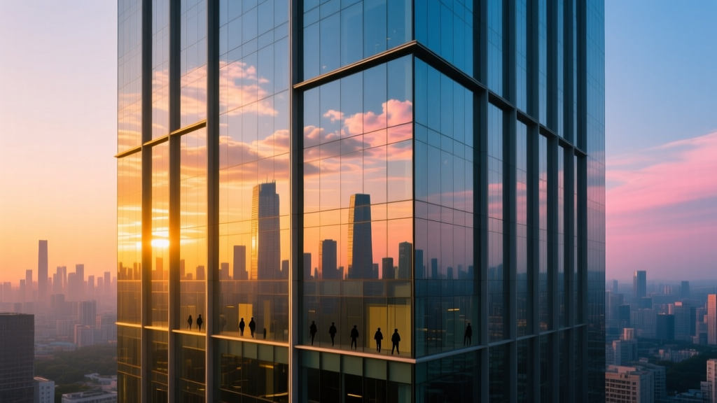 Modern commercial building facade with floor-to-ceiling low-e insulated glass panels reflecting the city skyline during golden hour