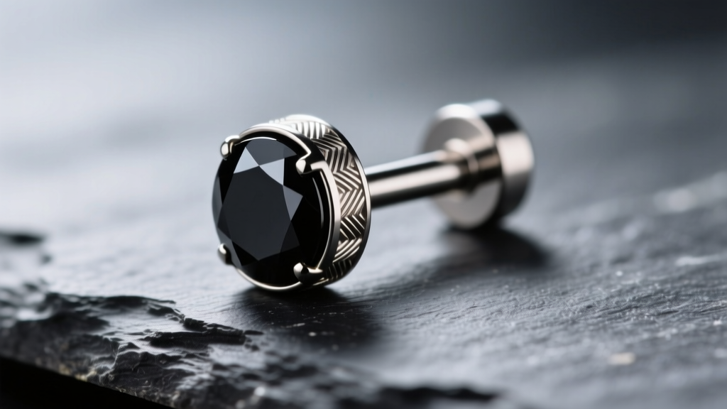 Macro shot of an 18-gauge titanium labret stud with a black onyx gem, resting on dark slate, showing detailed metal threading.