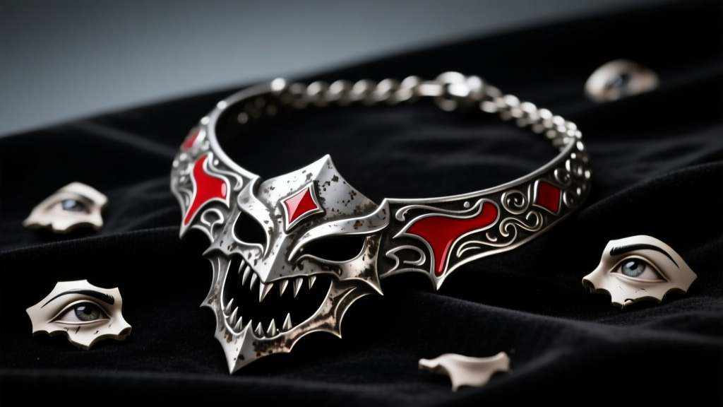 Oxidized silver Berserk behelit necklace on black velvet, showing scattered facial features and red enamel in moody light