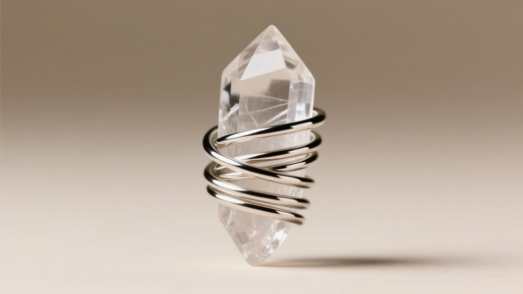 Macro shot of 20-gauge sterling silver wire wrapping tightly around a clear quartz point, highlighting secure metal joints.