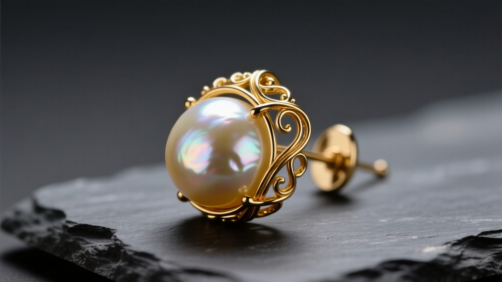 Close-up of a baroque pearl earring with fine gold wire wrap, resting on dark slate under warm studio lighting to show luster