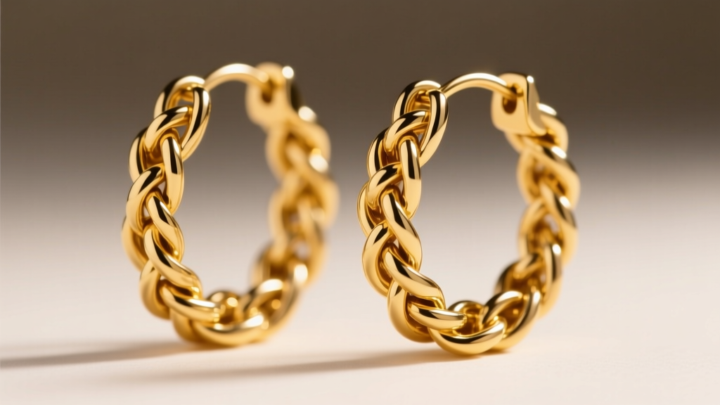 Macro photography of 14k yellow gold rope chain hoop earrings, highlighting the twisted braided links catching warm studio lighting.