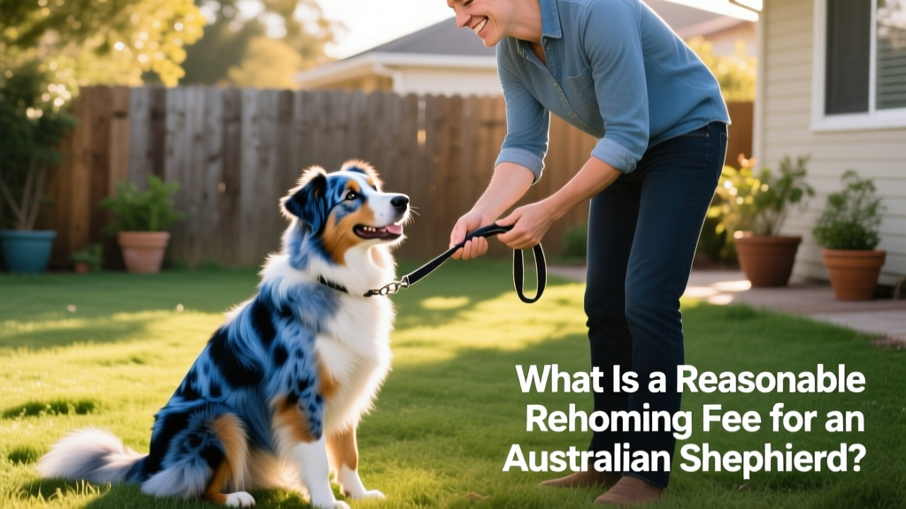 Owner handing over a leash to a new adopter while both smile warmly, with the Australian Shepherd sitting patiently between them