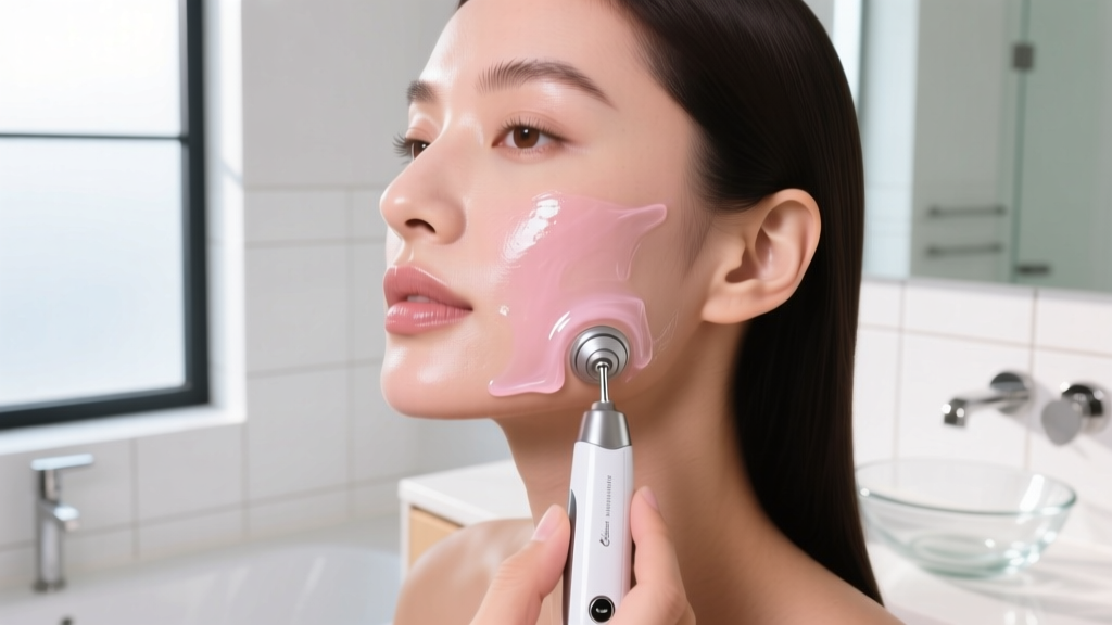 Close-up of a woman using a microcurrent facial device on her jawline with a conductive gel in a bright modern bathroom.