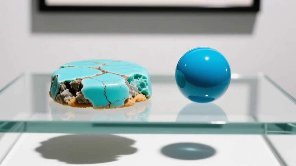 Macro shot of a raw, chalky natural turquoise cookie next to a vibrant, epoxy-stabilized turquoise cookie bead on clear glass.