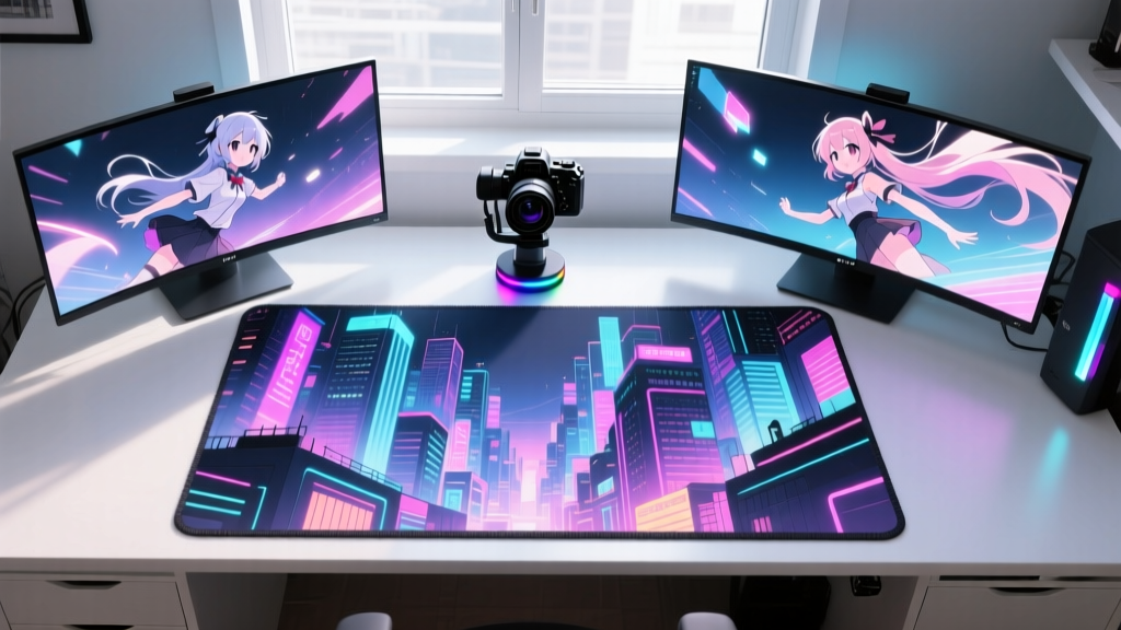Overhead shot of an anime-themed desk setup featuring a large custom desk mat, VTuber tracking camera, and dual OLED monitors