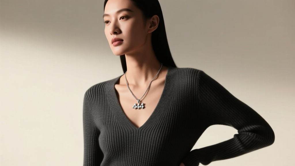 Woman wearing a minimalist steel 444 necklace at a 16-inch drop, paired with a deep V-neck charcoal ribbed knit sweater.