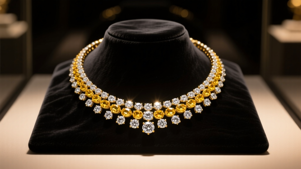 Museum-displayed 18k yellow gold and platinum diamond necklace resting on dark velvet, illuminated by dramatic warm spotlighting.