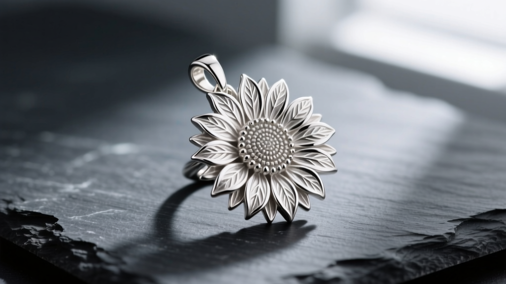 Macro shot of a polished 925 sterling silver sunflower pendant on dark slate, showing intricate petal textures.