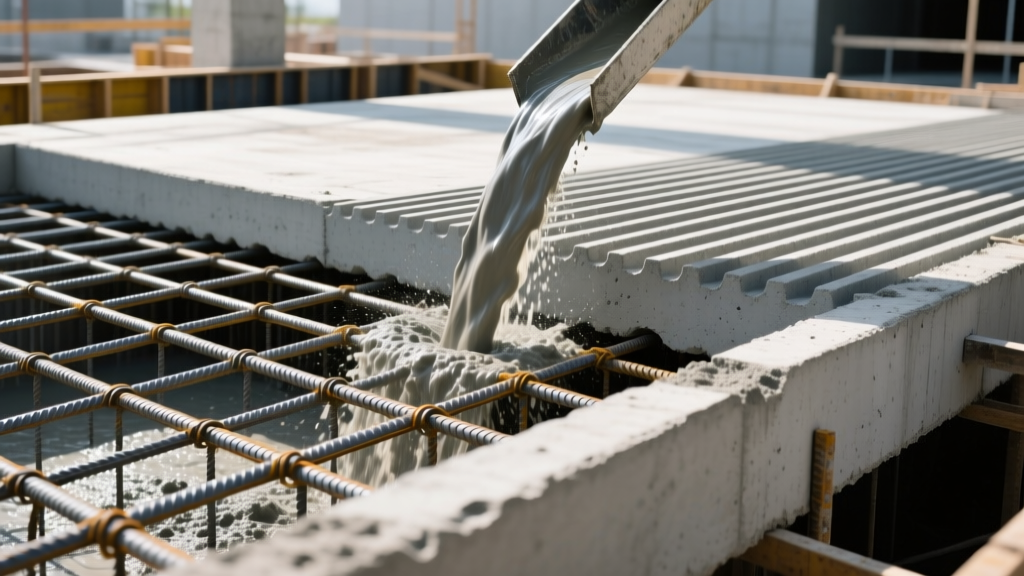 Cross-section of a waffle ribbed concrete slab with steel rebar reinforcement being poured over a commercial foundation.